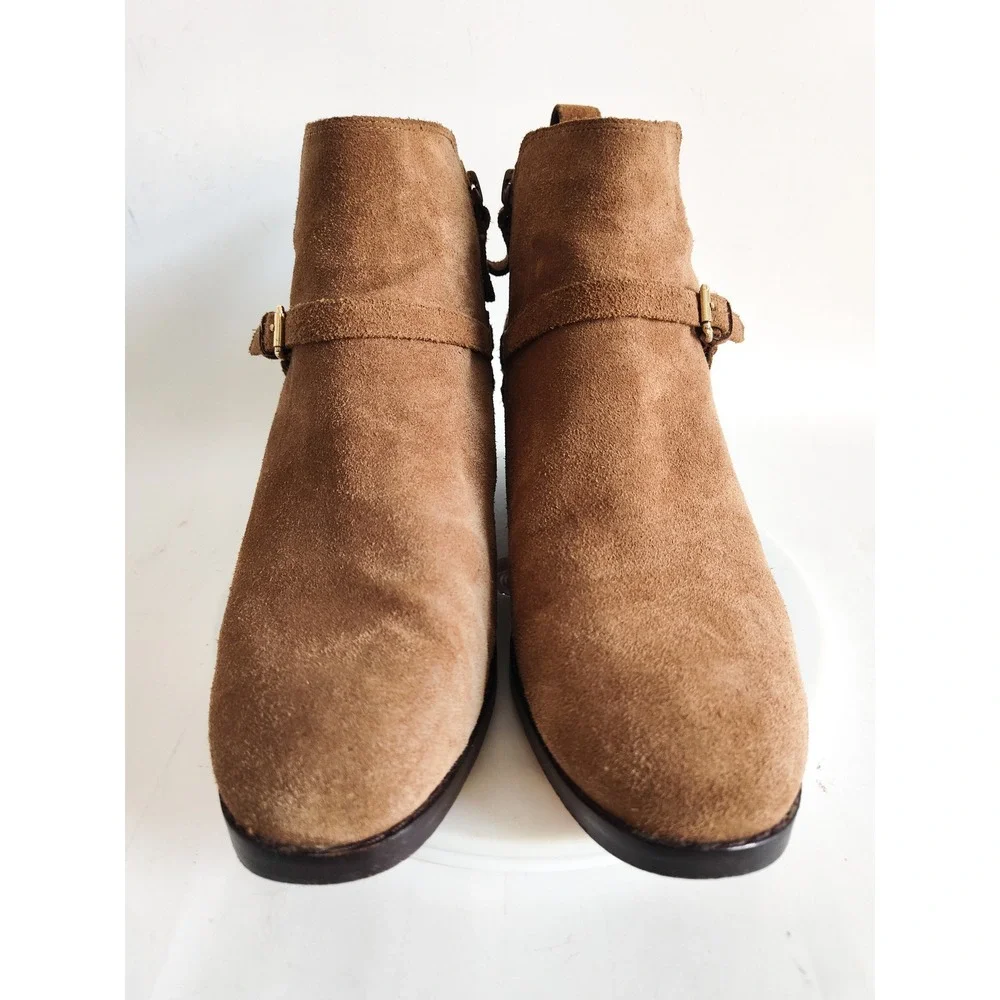 Cole Haan Ankle‎ Boots Size 7.5 Camel Tan Suede Leather Sole Belted Preppy Chic